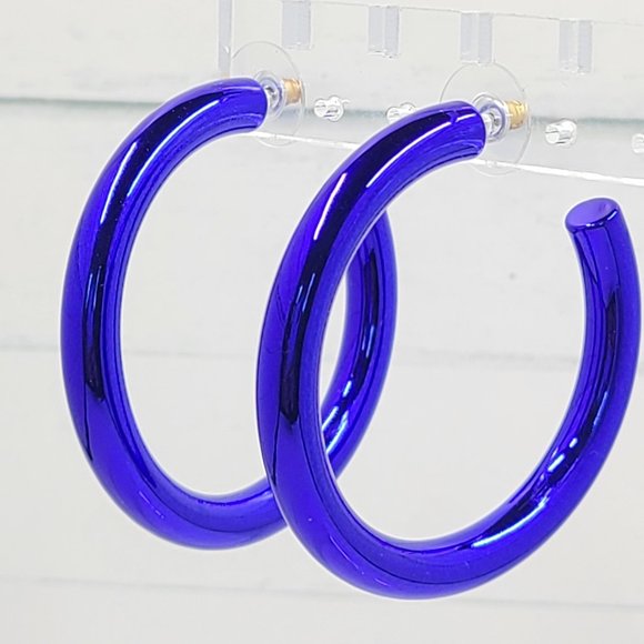 2" 80's Retro Royal Blue Metallic Coating Tube Metal Hoop Earrings - Picture 7 of 11